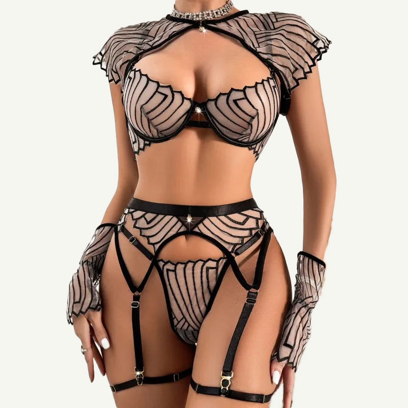 Garter Belt Set - Kadınlar için Siyah, Geometrik Desenli, Nakışlı